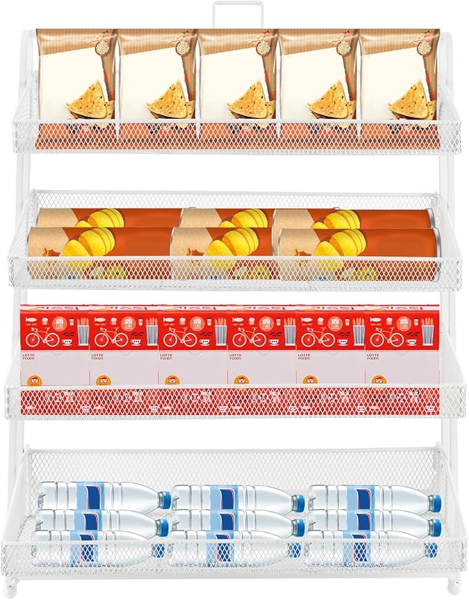 4 Tier Snack Organizer Candy Display Rack for Countertop Snack Display for Counter Portable Chip Rack Metal Snack Shelf for Retail Stores Kitchen Office (White)