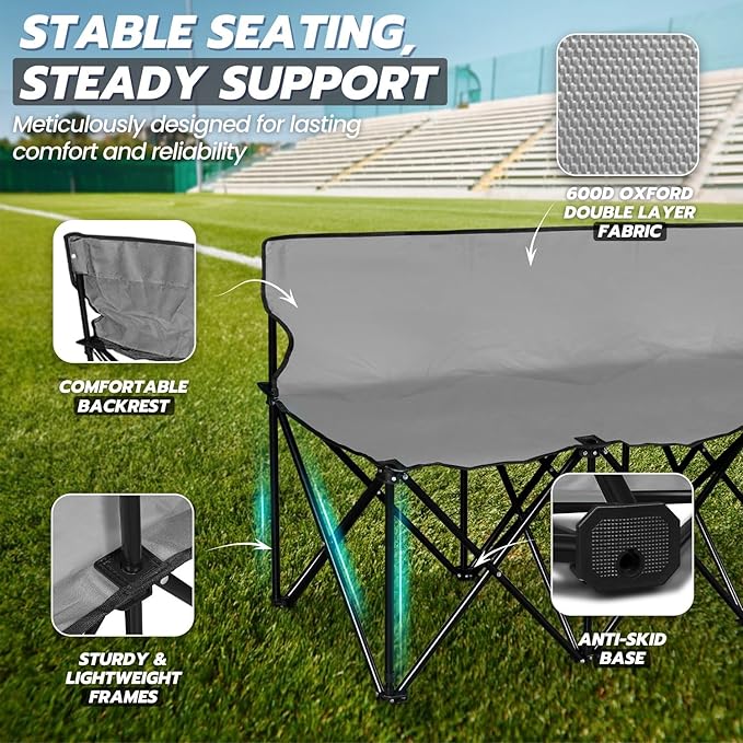 Flexzion Portable Folding Bench Seat 6 Seater Collapsible Soccer Bench Portable Bench Seats for Bleachers Camping Sideline with Back Rest and Carrying Bag Gray