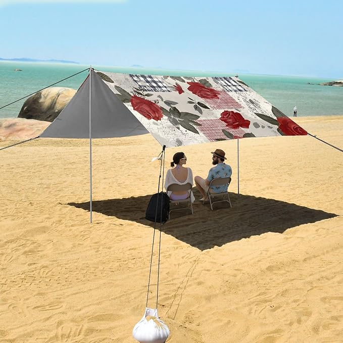 ALAZA Retro Rose Flower Beach Tent Sun Shelter UPF50+ Protection Beach Shade Canopy w/ 4 Sandbags for Outdoor Camping Fishing Backyard Fun Picnic 10x9 ft