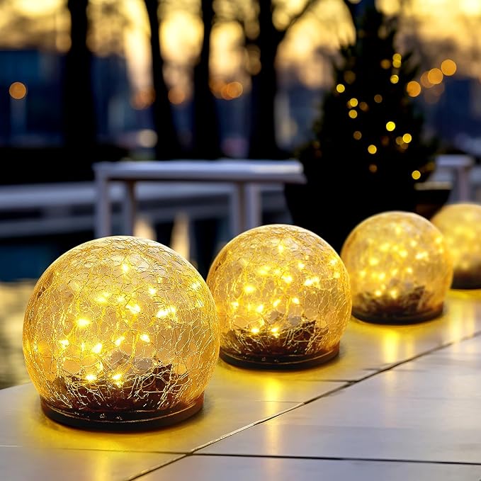 Honoson Solar Globe Lights Outdoor - Waterproof Cracked Glass Balls for Garden Patio Lawn &amp Yard Warm White Solar LED Lights with Easy Installation &amp Durable Design(3.9 Inch4 Pieces)