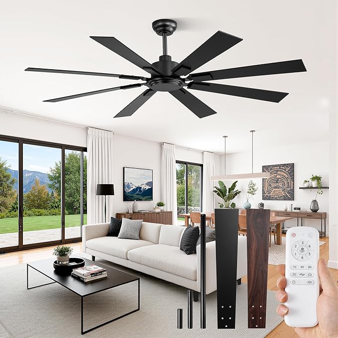 62 Inch Ceiling Fan No Light with Remote Control 8 Blades Quiet DC Reversible Motor 6-Speed Timer Black Finish Indoor Outdoor Ceiling Fans for Patios Living Room Garage