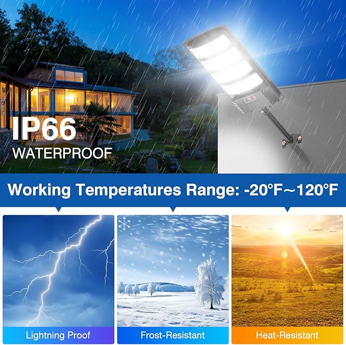 Solar Street Lights Outdoor Waterproof 28000LM 6500K 320° Angle Flood light5730 LED Solar Parking Light with Motion Sensor and Remote Control for Outdoor Streets CourtyardsParking Garages-4Pack