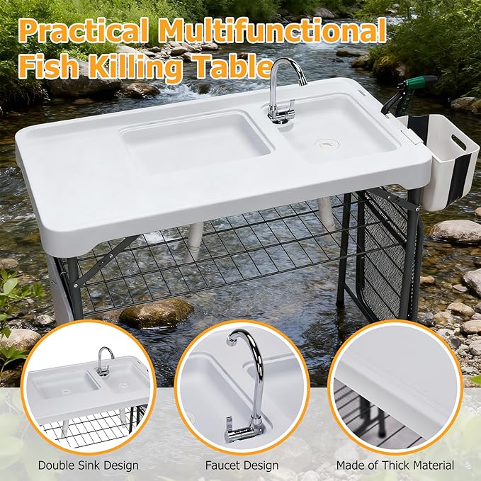 Outvita Fish Cleaning Table 42.5 HDPE Outdoor Fish Cleaning Station with Sink Extended Grid and Trash Can 360° Stainless Steel Faucet Drainage Hose Working Platform for Camping Food Handling