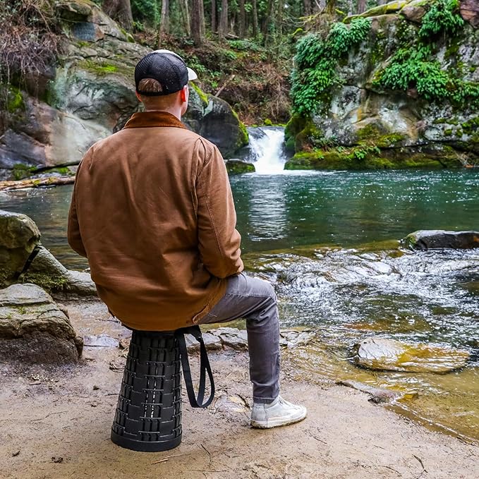 ASR Outdoor Portable Telescoping Collapsible Stool with Carry Handle Outdoor Camping Gear Black (17.75 Inch Fully Extended)