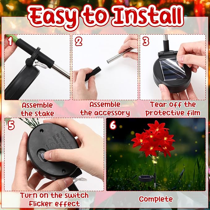VIHOSE 4 Pcs Christmas Solar Flowers Lights Artificial Poinsettia Landscape Waterproof Solar Poinsettia Lights for Outdoor House Yard Lawn Patio Garden Pathway Christmas Party Supplies (7 Flowers)