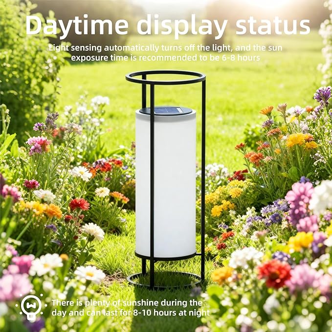 HOTEAGLE Outdoor Solar Lights14.8 H Modern Metal Cylinder Solar Powered Lantern Waterproof Decorative Table Lamp with Warm White LED Dusk to Dawn Auto On/Off for Garden Patio Yard Path Decor