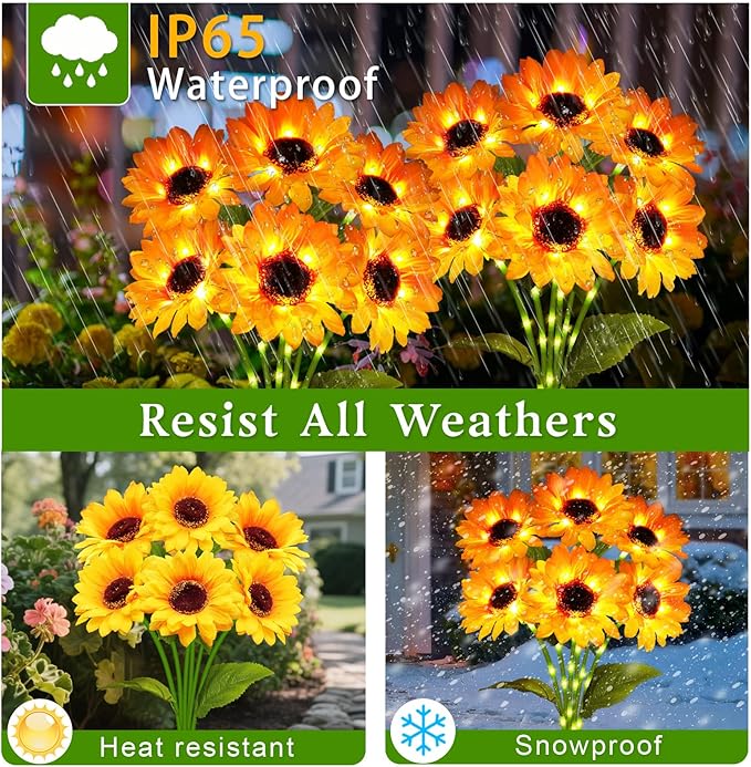 Solar Garden Lights Outdoor 6 Pack Sunflower Lights with 36 Sunflower Waterproof 60 Led Garden Fall Decor Gifts for Mom Grandma Decorative Solar Flowers for Pathway Patio Yard Flowerbed Decoration