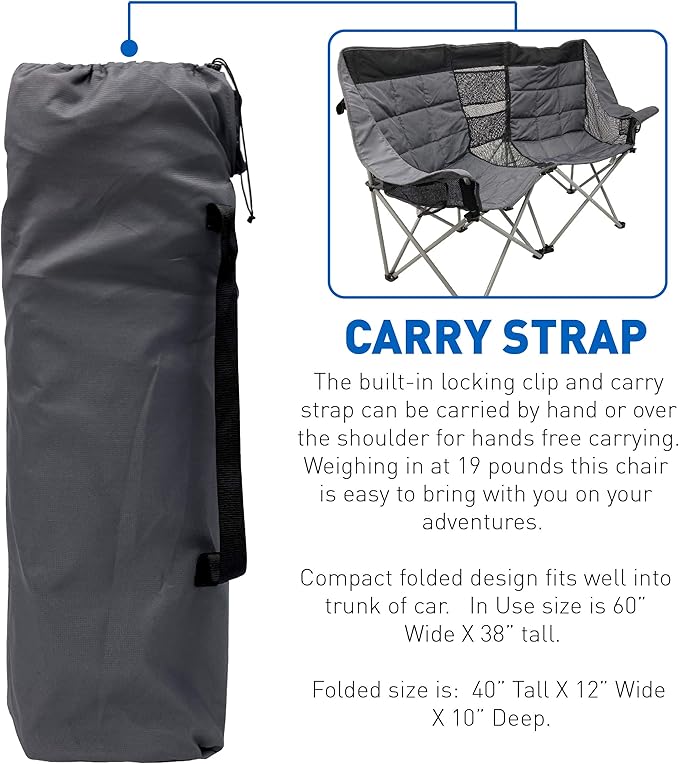 EasyGo Product Camping Chair - Double Love Seat Heavy Duty Oversized - Folds Easily and is Padded Black Grey