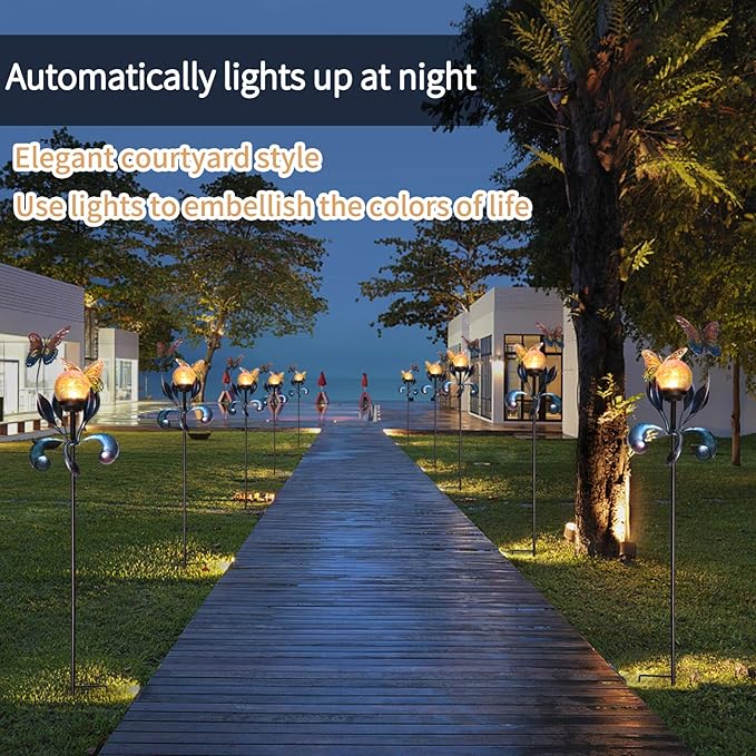 VCUTEKA Solar Lights Outdoor Metal Garden Stake Waterproof Crackle Glass Globe Garden Decor Butterfly for Pathway Lawn Patio Yard
