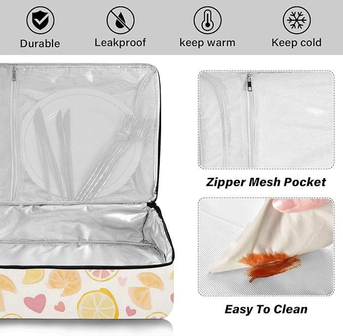 Casserole Carrier Lemon Slices and Heart PatternInsulated Casserole Carrier for Hot or Cold Food Thermal Lunch Tote for Potluck Parties Picnic Beach Fits 9 x 13 Inches Baking Dish