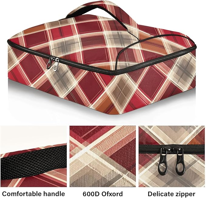 Casserole Carrier Red Brown Tartan Pattern Insulated Casserole Carrier for Hot or Cold Food Thermal Lunch Tote for Parties Picnic Travel Carry Bag
