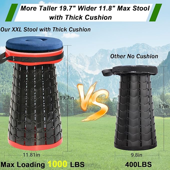 2026 Upgraded XXL Collapsible Stool with Thick Cushion19.7H-11.8D Telescoping Folding Stool for Adults More Sturdy Camping Stools with Load Capacity 1000lbs for OutdoorGardenFishingHiking