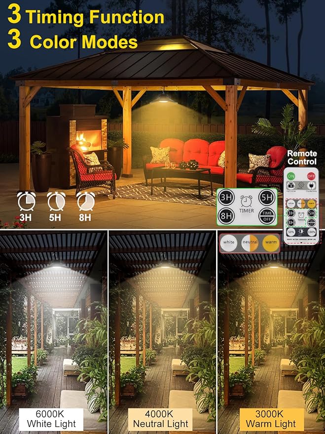 T-SUN Solar Pendant Light Outdoor 4 Pack Solar Shed Lights Indoor with Remote Control IP65 Waterproof Shop Light 3000K/4000K/6000K Perfect for Barn Chicken Coop Garage Courtyard Balcony