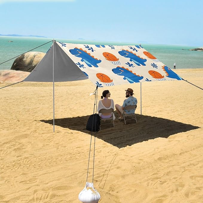 ALAZA Cute Dinosaurs Cartoon Dino Beach Tent Sun Shelter UPF50+ Protection Beach Shade Canopy w/ 4 Sandbags for Outdoor Camping Fishing Backyard Fun Picnic 10x9 ft