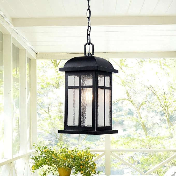 Outdoor Pendant Light for Porch Farmhouse Exterior Pendant Lantern Matte Black Outside Modern Hanging Porch Light with Seeded Glass for Door Patio Entryway Gazebo Breezeway Pergolas Yard