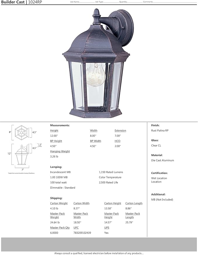 Maxim Cast-One Light Outdoor Wall Mount in Early American Style-8 Inches Wide by 12 inches high-Rust Patina Finish