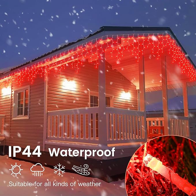 Hopolon 33FT 360L LED Icicle String Lights - Outdoor Waterproof 8 Modes With 60 Drops - Curtain Lights for Indoor/Outdoor Decorations (Red)