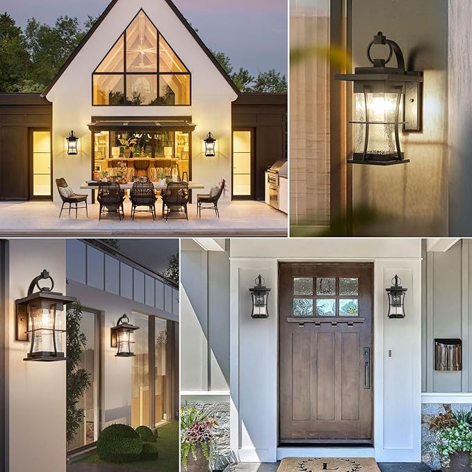 Outdoor Wall Sconces Light Fixtures Exterior Wall Lantern Outside House Lamps Waterproof Black Metal with Clear Seeded Glass Perfect for Exterior Porch Patio House