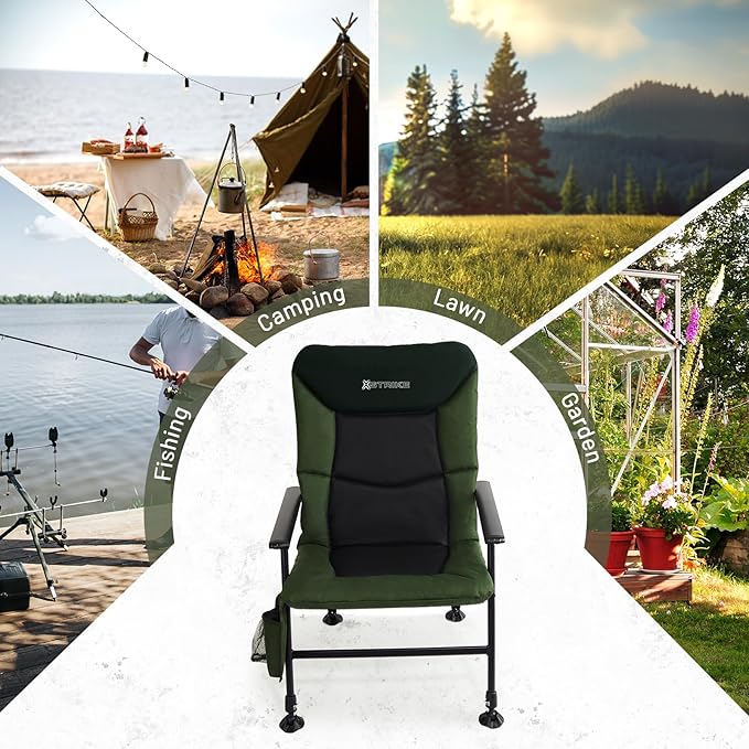 X Strike Oversized Folding Fishing Chair with Rod Holder Heavy Duty 350LBS Feet Adjustable Padded Camping Chair with Cup Holder Side Pocket Hard Armrest