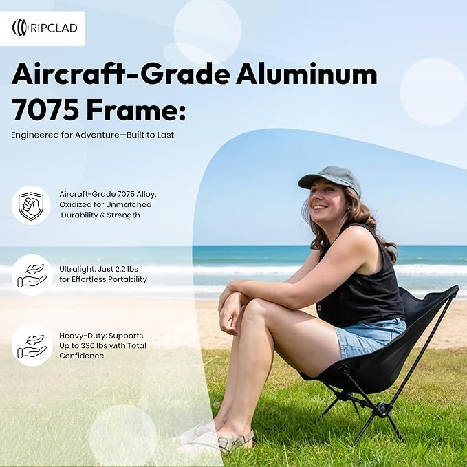 Ultralight Camping Chair Folding Backpack Chair with Aluminum Frame Side Pocket &amp Anti-Sinking Feet Supports 330 lbs Camp Chair for Outside Hiking Beach and Travel (Black)