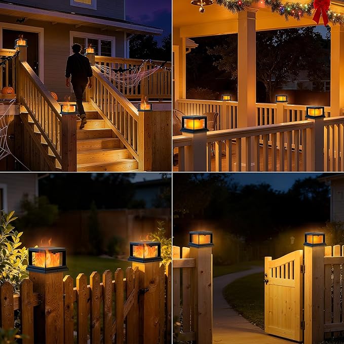 Solar Post Cap Lights Outdoor with Flickering Flame Waterproof Fence Post Solar Lights for 4x4 Wooden/Vinyl Post Black High Brightness Outside Post Cap Lights for Yard Patio Deck Halloween 12-Pack