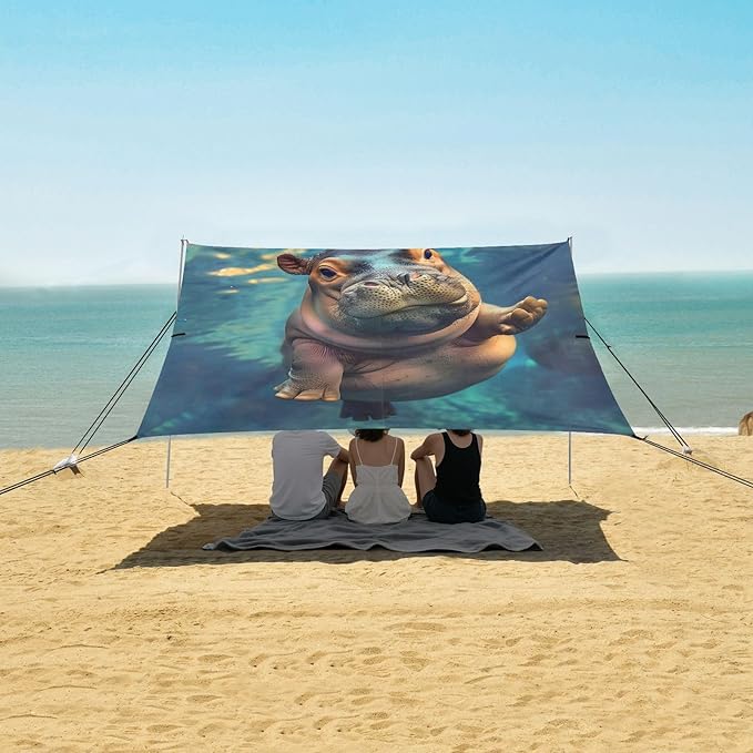 ALAZA Hippo Animal Beach Tent Sun Shelter UPF50+ Protection Beach Shade Canopy w/ 4 Sandbags for Outdoor Camping Fishing Backyard Fun Picnic 10x9 ft