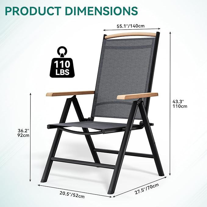 YITAHOME Aluminum Folding Patio Chairs Set of 4 Portable Patio Folding Chairs w/ 8-Position Backrest Breathable Folding Outdoor Chairs w/Sturdy Frame for Indoor &amp Outdoor Activities Black