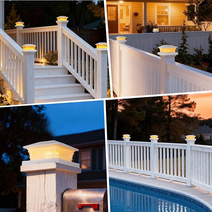 8 Pack Flame Post Solar Lights Flickering Flame &amp Warm Light Solar Lights for Fence Posts Waterproof Deck Post Lights for Porch Garden Yard for 4x4 5x5 6x6 Vinyl/Wooden Posts White