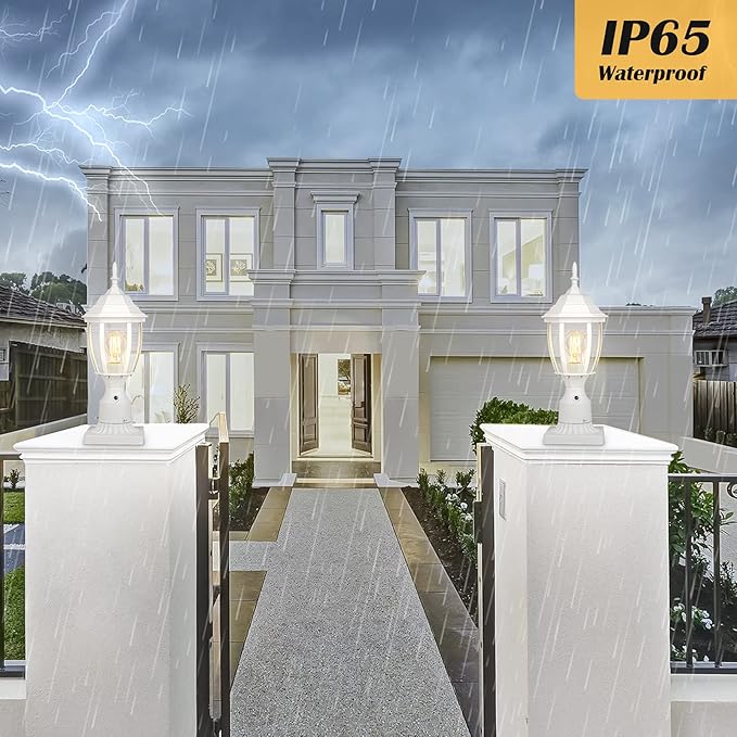 PARTPHONER Dusk to Dawn White Outdoor Post Light with Pier Mount Base Waterproof Pole Lantern Light Fixture Exterior Lamp Post Lantern Head with Clear Glass Panels for Garden Patio Pathway