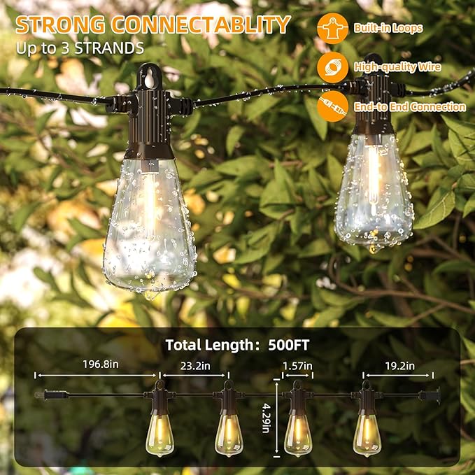 FOOMAN LED Outdoor String Lights 500FT Outside Waterproof Hanging Patio Lights with 250+10 Shatterproof ST38 Edison Bulbs 2700K Warm White Dimmable Light for Back Yard Porch Party Gazebo Bistro