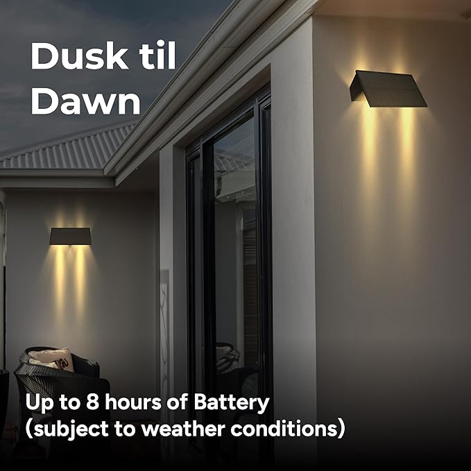 TECHKO Solar Decorative Bi-Directional Outdoor Wall Light - LED IP65 Waterproof Dusk-to-Dawn Easy Installation 2-Pack for Patio Porch Garage Fence Side Walls Walkways and Alleys