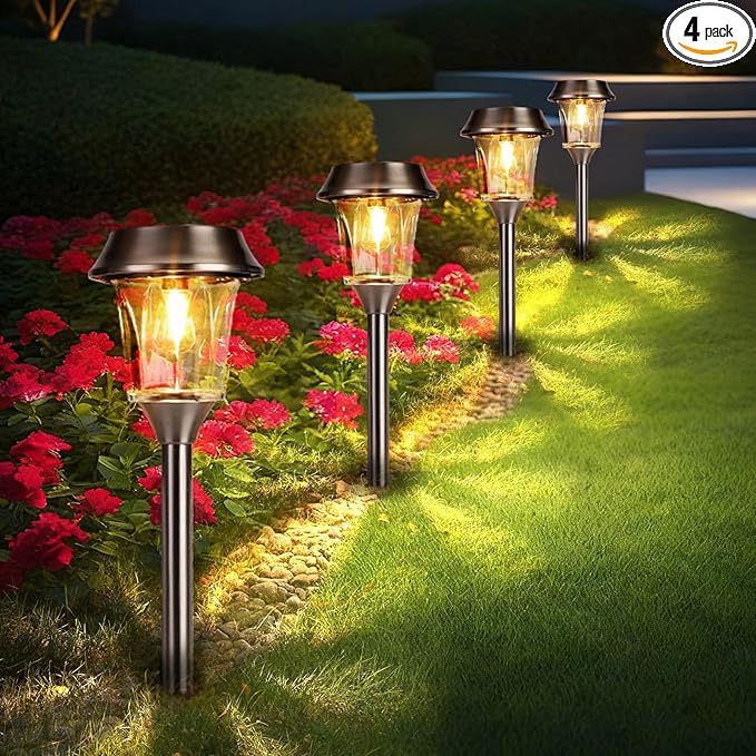 Solar Pathway Lights Outdoor 4 Pack Stainless Steel &amp Glass Solar Garden Lights Auto Dusk to Dawn IP65 Waterproof LED Path Lights for Yard Lawn Walkway Driveway