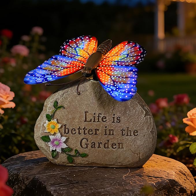 Solar LED Butterfly Garden Statue with Sparkling Light-Up Wings - Outdoor Yard Patio Decor Figurine for Women Mom Grandma (Orange)