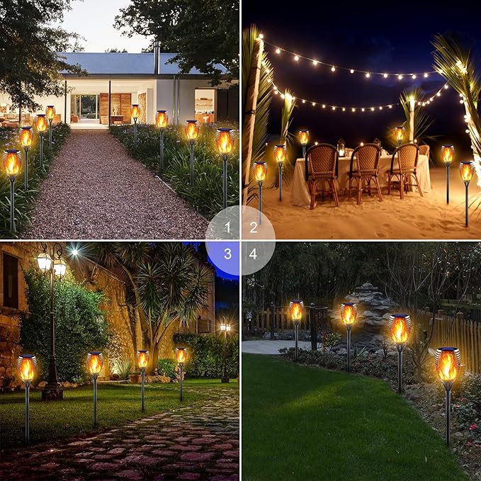 Large Solar Torch Light with Flickering Flame Upgraded Ultra-Bright Solar Outdoor Lights Waterproof Landscape Decorations Lighting Security Tiki Torches for Garden Yard Pathway (4 Pack)