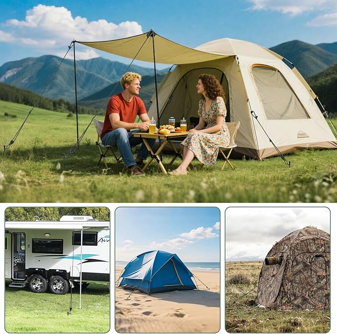Tinnmao 4-Pack 17.7 Tent Stakes Heavy Duty with 8 Ratchet Tie Down Straps (1/8 φ) Kit for High Wind 8mm Solid Steel Spiral Ground Anchors Screw in for Tarp | Canopy | Sand Beach Camping Tent