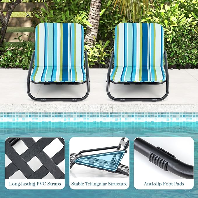 GYMAX Beach Chair 2 Pack 300LBS Low Beach Chair with Shoulder Strap Removable Cushion &amp Aluminum Frame Folding Reclining Beach Lounge Heavy Duty Portable for Adults (1 Blue Stripe)