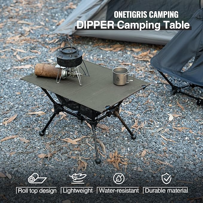 ONETIGRIS Dipper Camping Table Lightweight Portable Folding Table with Mesh Storage Net High/Low Options Ideal for Camping Hiking Tailgating Beach Picnic Travel Backyard