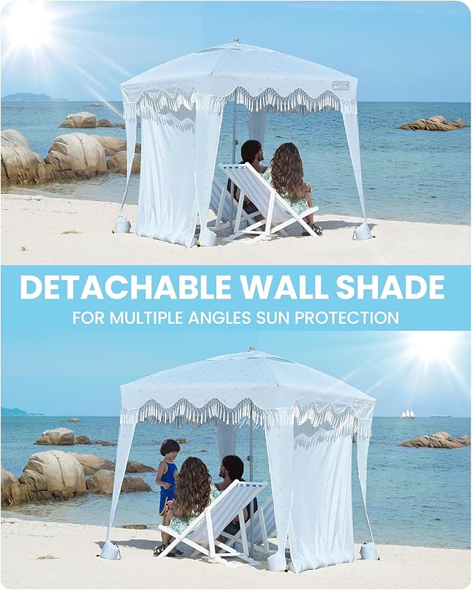 OutdoorMaster Beach Cabana with Fringes Portable 6' x 6' Beach Canopy for Sand Easy Set Up Beach Shelter Included Side Wall UPF 50+ UV Protection Sun Umbrella - for Family &amp Friends