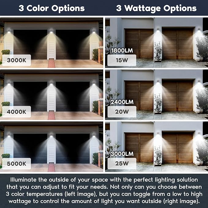 LUXRITE 15/20/25W LED Wall Pack Light with Photocell 3CCT 3000K/4000K/5000K1800/2400/3000LM Selectable Dusk to Dawn LED Outdoor Lighting IP65 Waterproof 120-277V Dimmable Frosted Lens