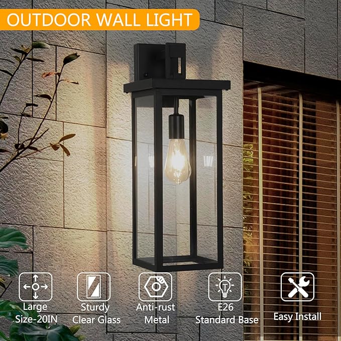 20 Large Exterior Lighting Fixtures Modern Wall LanternOutdoor Wall Lights with Clear Glass ShadeE26 Base Outdoor Lamps for Patio PorchWaterproof Outside Exterior Lights for House 2 Pcs