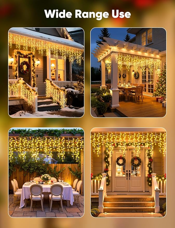 Brightown Icicle Christmas Lights Outdoor 33FT 1020 LED Cluster Icicle Lights with 51 Drop12 Mode Connectable Firecracker Light with Timer Waterproof Christmas Light Outdoor Warm White