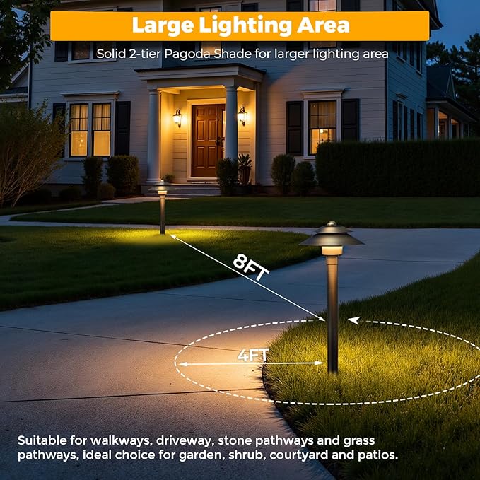 Gardencoin Solid Brass Low Voltage Landscape Pathway Lights (6'' Shade 19'' Tall) 12V LED Heavy Duty Path Lighting Outdoor Wired Waterproof Antique Bronze Walkway Light Without G4 Bulb6 Pack