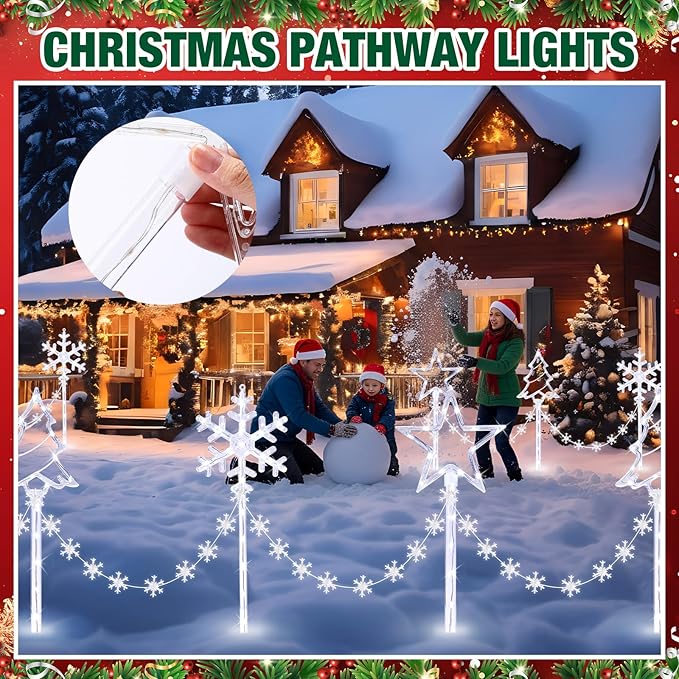 12 Pack Outdoor Snowflake Walkway Lights Plug in Christmas Pathway Lights 8 Modes Xmas Waterproof LED Garden Stake Light for Walkway Porch Yard Lawn (Cool White)
