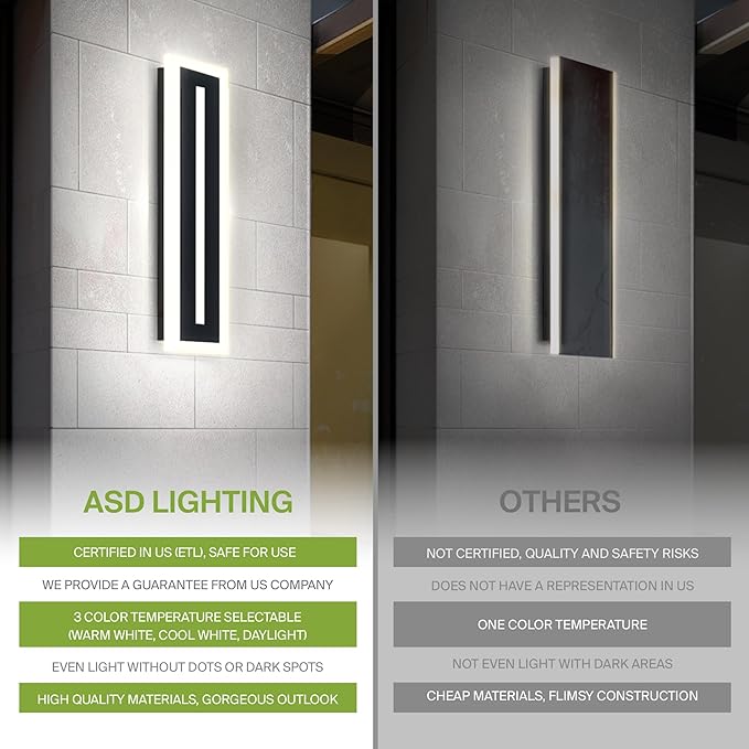 ASD LED 48 Long Wall Mount Light Fixture Outdoor &amp Indoor Linear Sconce | 3CCT Dimmable Waterproof Anti-Rust ETL Listed | 36W 2100LM 3000-5000K 100-277V | Exterior Porch Lighting | Black