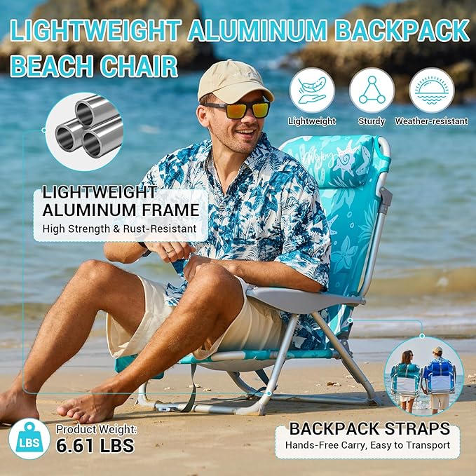 #WEJOY Beach Chair for Adults Reclining Adjustable PositionLay Flat Lightweight Folding Portable Aluminum Chair with Backpack StrapsPadded headrest Heavy Duty 400 lbs Lawn Chair for Beach 2 Pack