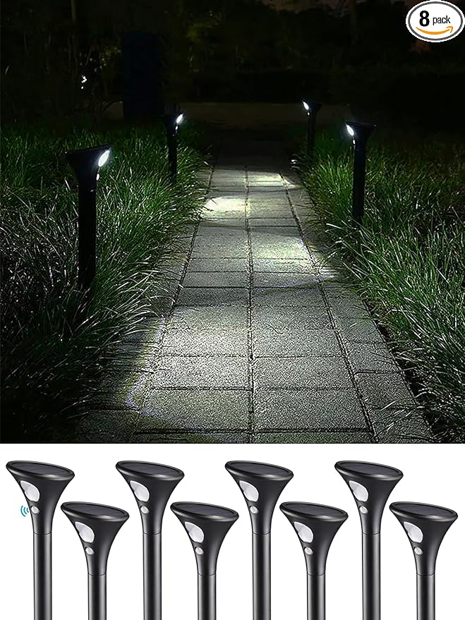 LEONLITE 8-Pack LED Solar Powered Motion Sensor Pathway Lights Battery Powered Outdoor Solar Landscape Lights Walkway Light for Yard Garden Lawn All Night Long Lighting 6500K Pure White