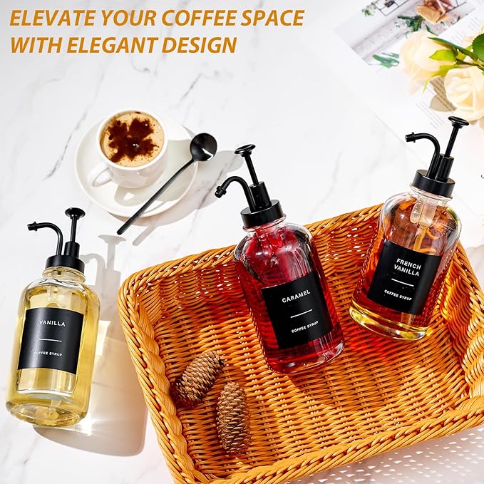 Coffee Syrup Dispenser for Bar Glass Syrup Bottle with Pump Coffee Pump Dispenser Bottle with Tray Spoon for Station16.9 oz Black 500 ml