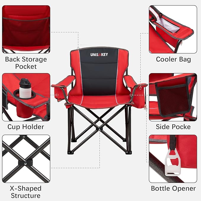 Oversized Folding Camping Chair for Adults - 450lbs Support - Heavy Duty Portable Lawn Chairs with Side Pocket Cup Holder Cooler Bag for Sports Garden Beach Fishing Red 2 Pack
