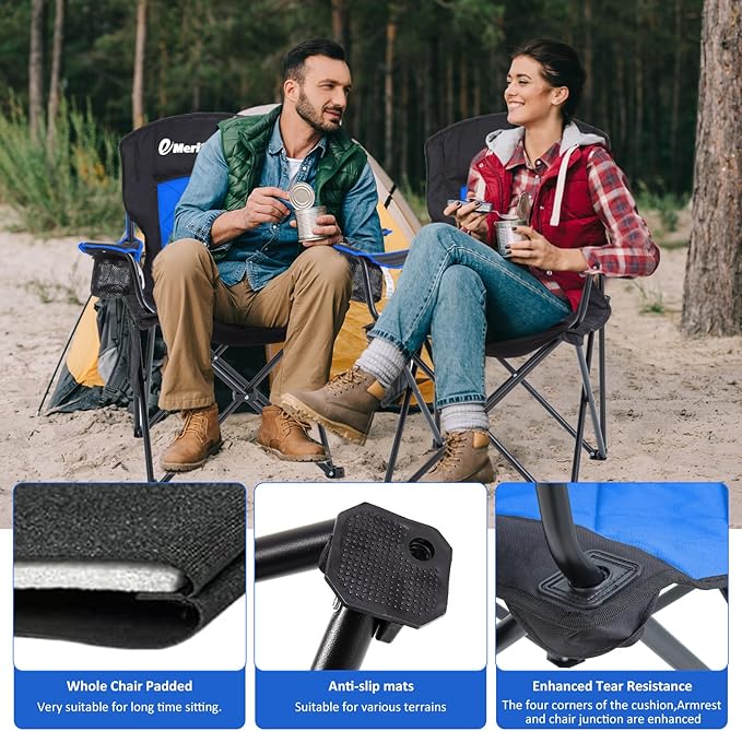 EMERIT Oversized Padded Camping Chair 350LB Heavy Duty Quad Fold Chair with Arms Collapsible Outdoor Chairs with Lumbar Back &amp Cup Holder