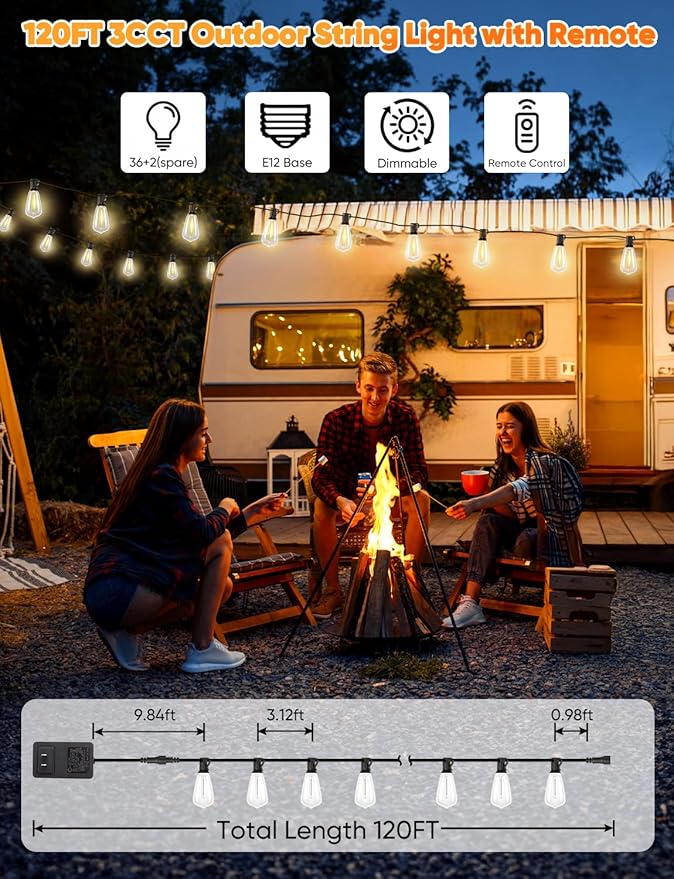 Brightever 3 Color in 1 LED Outdoor String Lights with Remote 120FT Patio Lights Outdoor Waterproof with 38 Vintage Edison Bulbs 3 Modes 2 Timer Dimmable String Light for Outside 2700K/4000K/5000K